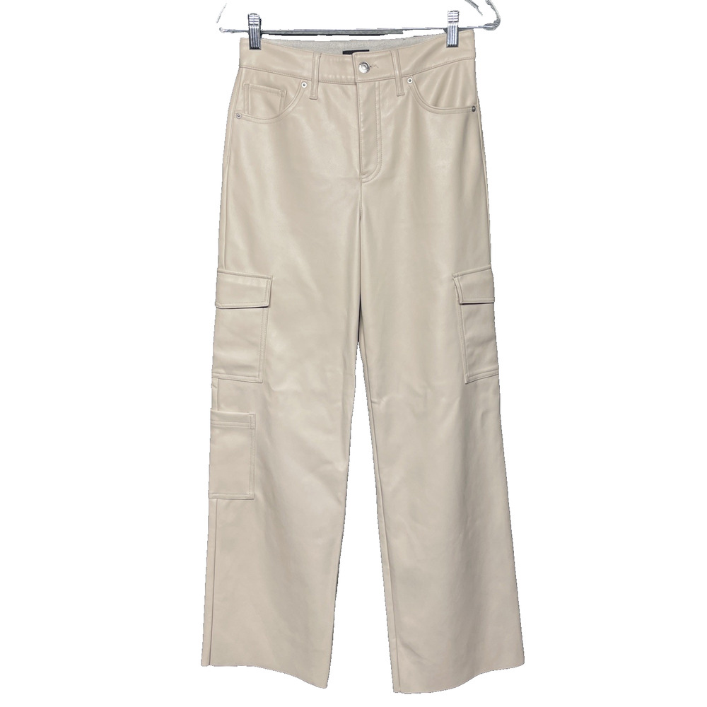 Express Womens 2R Beige Vegan Faux Leather Wide Leg High Rise Cargo Pants Nude